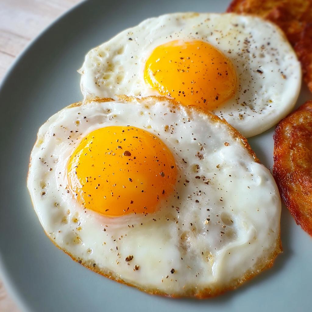 Close-up of two perfectly fried eggs with runny yolks, seasoned with black pepper, part of an egg recipe.