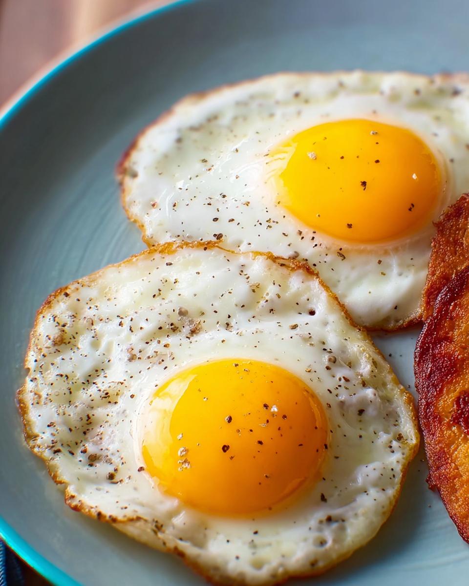 Close-up of two perfectly fried eggs with runny yolks, seasoned with black pepper, on a blue plate. A classic egg recipe.