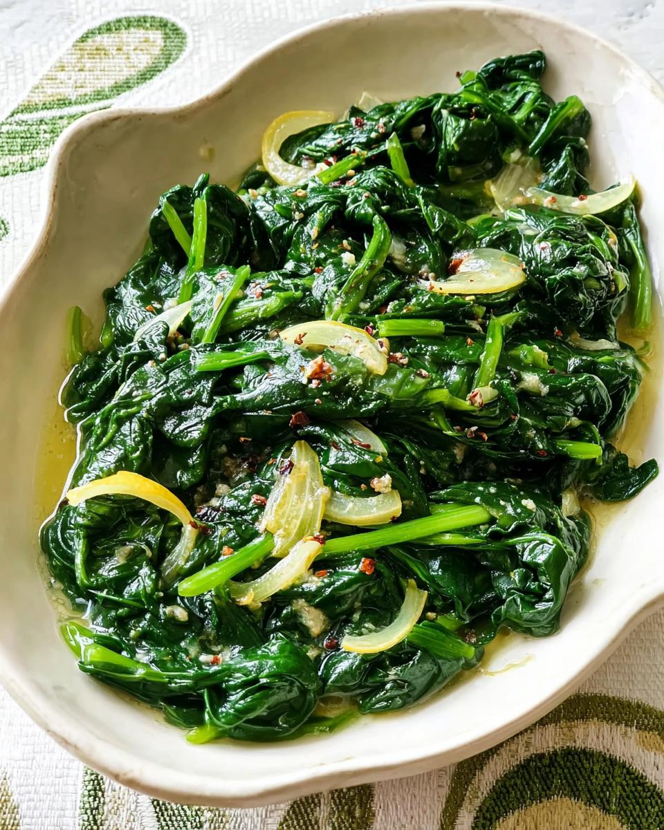 Close-up of sautéed spinach with lemon slices and garlic, a delicious veggie side from 20-Ingredient Veggie Sides Recipes.