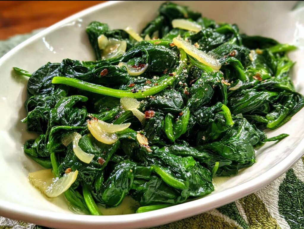 A close-up of garlicky sautéed spinach, a vibrant green vegetable side dish from the 20-Ingredient Veggie Sides Recipes.