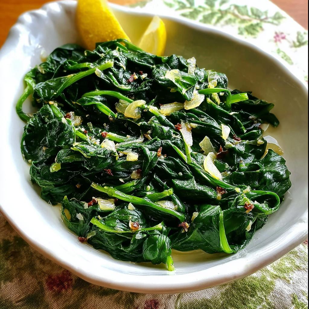 A close-up of sautéed spinach with garlic and chili flakes, served with lemon wedges, as part of 20-Ingredient Veggie Sides Recipes.