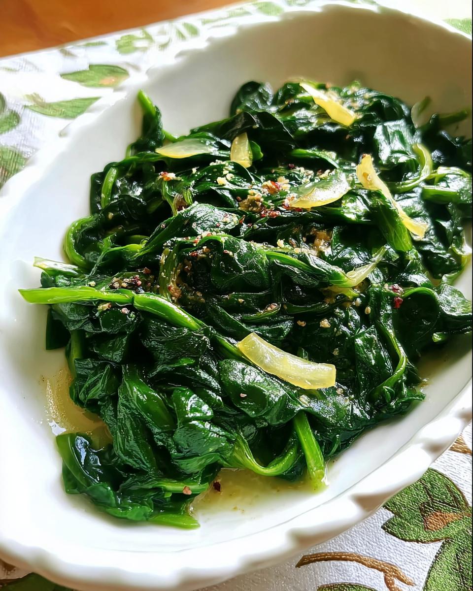 A close-up of garlicky spinach, a simple yet flavorful side dish from the 20-Ingredient Veggie Sides Recipes.