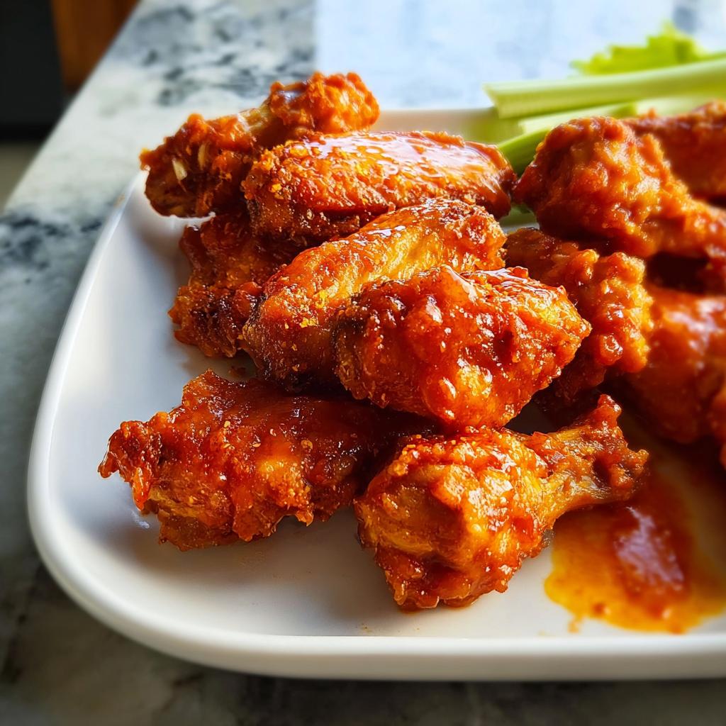 A plate piled high with glossy, saucy chicken wings, served with celery sticks, perfect for busy weeknights.