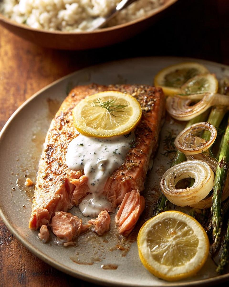 A perfectly cooked salmon fillet served with roasted asparagus, lemon slices, and a creamy dill sauce. One of 20 Genius Salmon Recipes Ideas for Busy Weeknights.