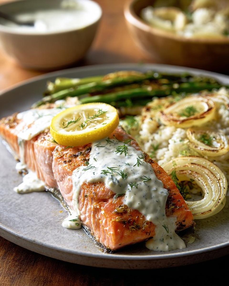 A perfectly cooked salmon fillet topped with creamy dill sauce and a lemon slice, served with roasted asparagus and onions. One of 20 Genius Salmon Recipes.