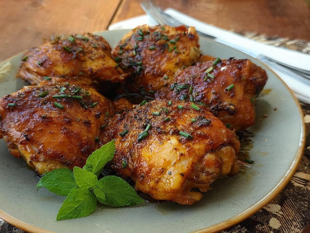 A plate of juicy, glazed chicken thighs topped with chives, a perfect example of chicken thigh recipes.
