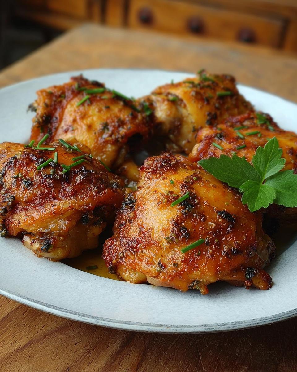 A plate of delicious glazed chicken thighs, seasoned with herbs and chives, perfect for chicken thigh recipes.