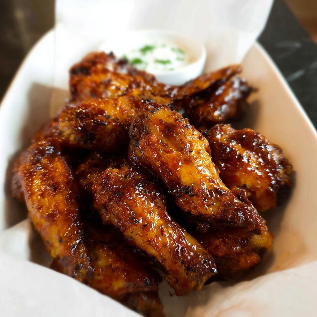 A close-up shot of glossy, glazed chicken wings served with a side of dipping sauce, perfect for quick chicken wings recipes.