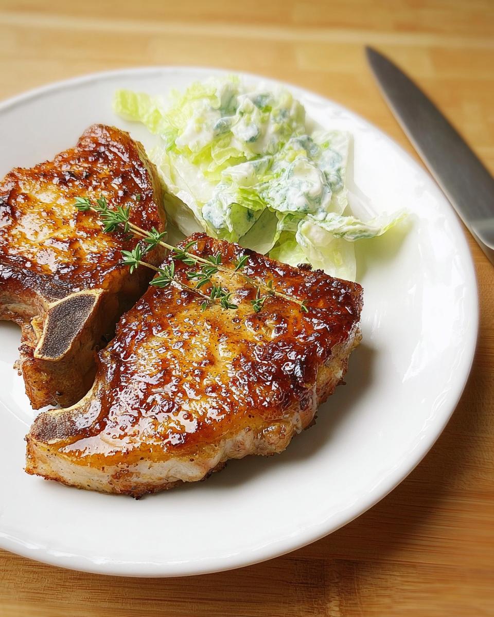 Two juicy, glazed pork chops served with a side of creamy coleslaw and garnished with fresh thyme.