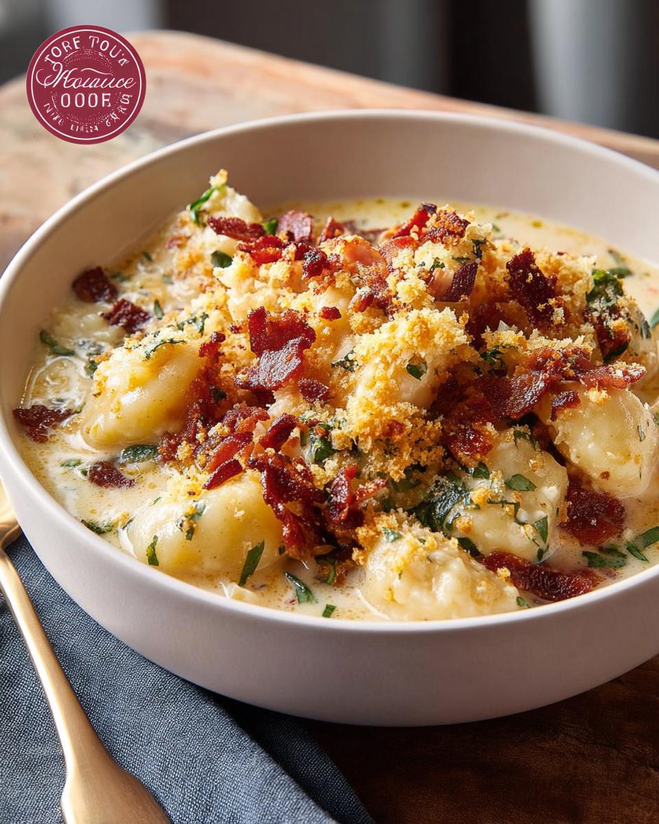 A bowl of creamy gnocchi soup topped with crispy bacon and breadcrumbs, part of The Only Soup Recipes Recipe You’ll Need.