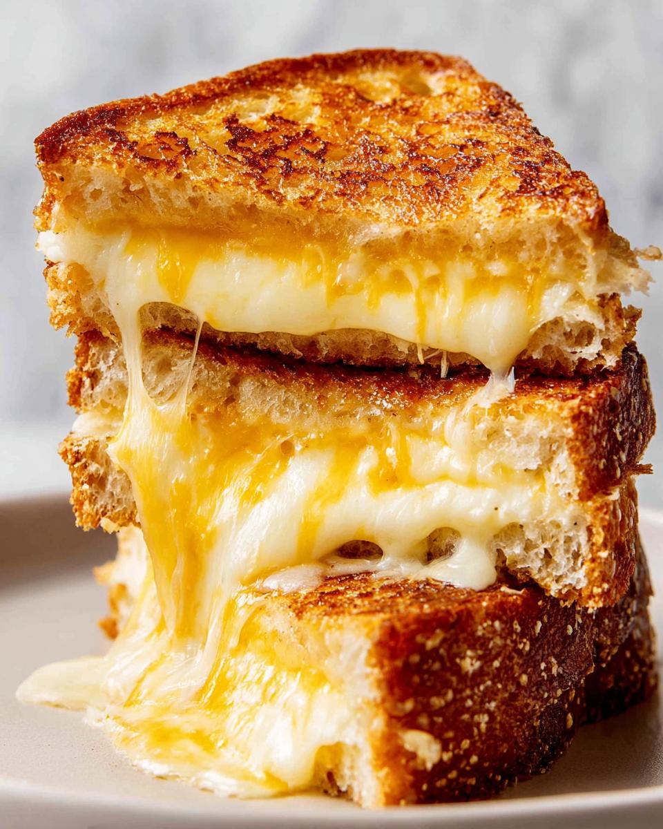 A stack of perfectly grilled cheese sandwiches with melted cheese oozing out.
