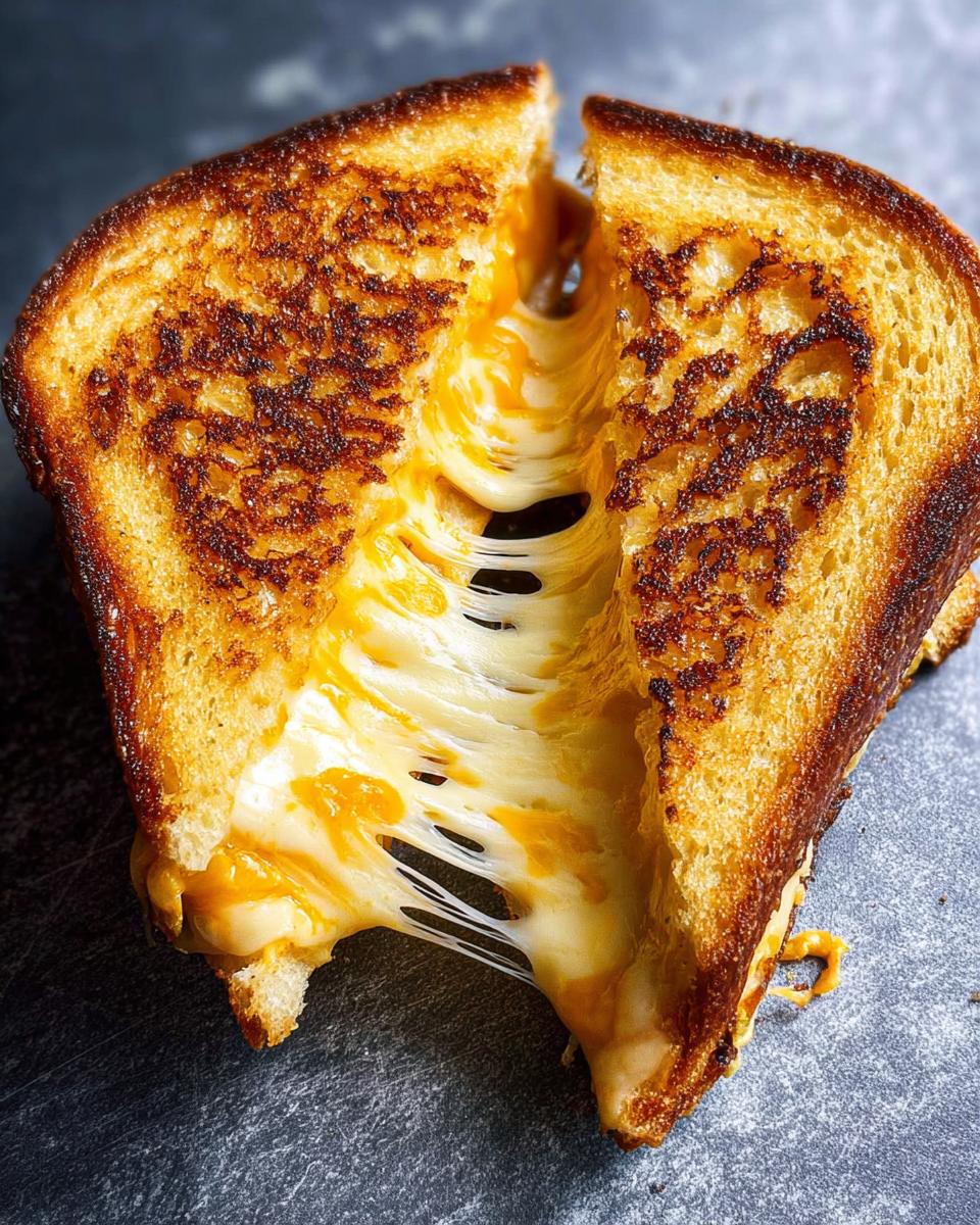 A perfectly grilled cheese sandwich, cut in half, with strings of melted cheese stretching between the pieces.