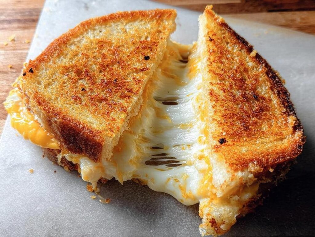 A perfectly grilled cheese recipe sandwich, cut in half, with melted cheese oozing out.
