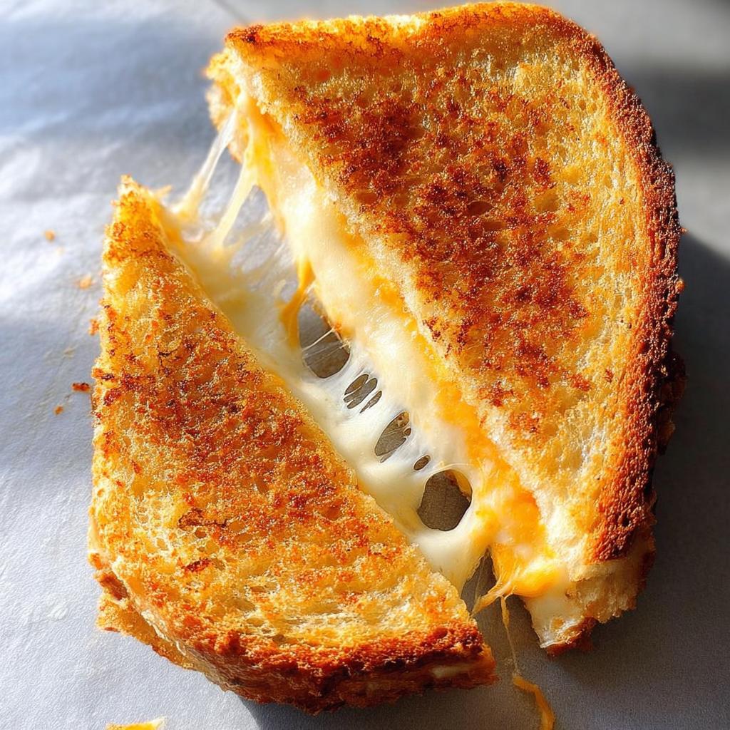 A perfectly grilled cheese sandwich, cut in half, with melted cheese oozing out.