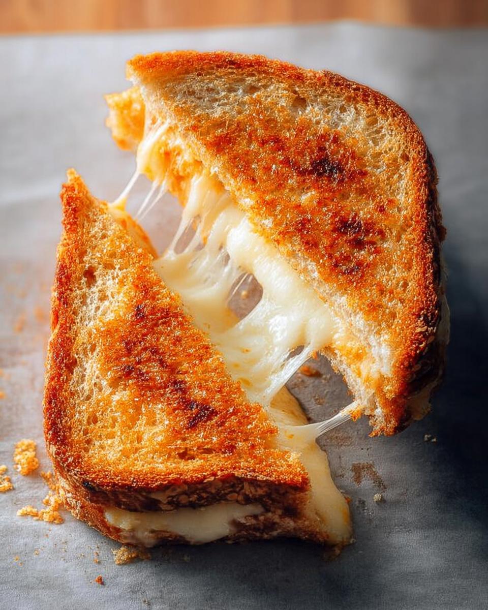 A perfectly grilled cheese sandwich, cut in half, with melted cheese oozing out. A classic comfort food.