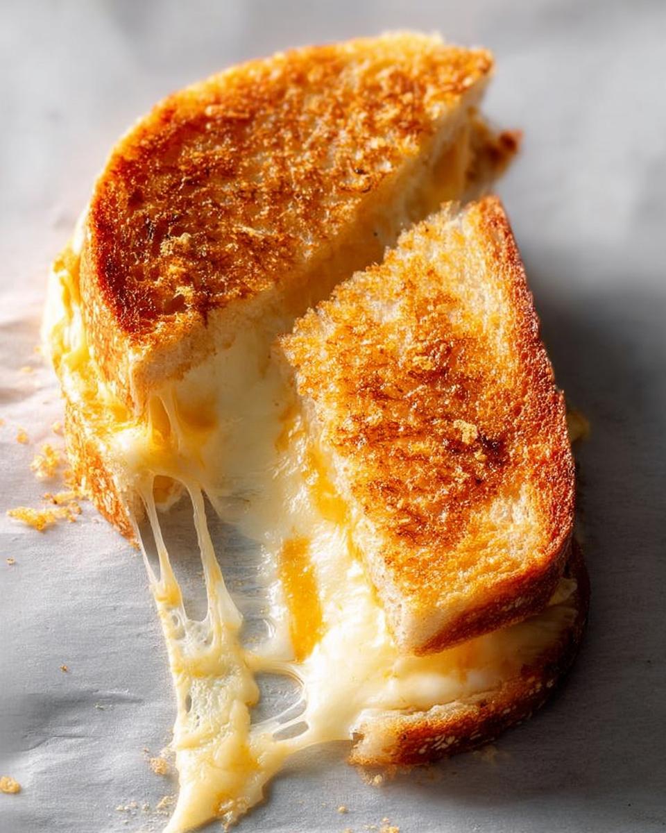 A perfectly grilled cheese sandwich with golden-brown bread and melted cheese oozing out. A great example of grilled cheese recipes.