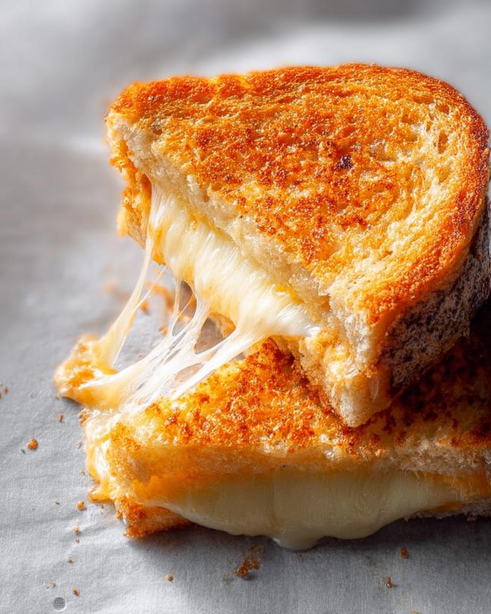 A perfectly golden brown grilled cheese sandwich with melted cheese oozing out.