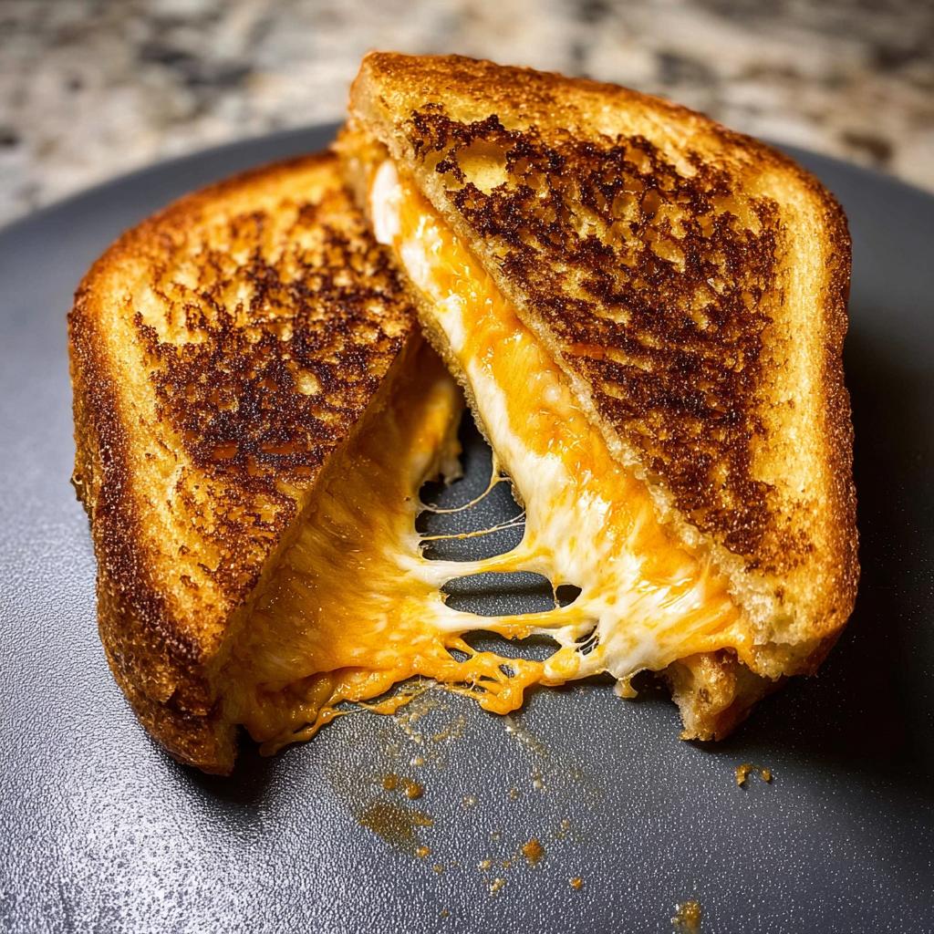 A perfectly grilled cheese sandwich, cut in half, with melted cheese oozing out.