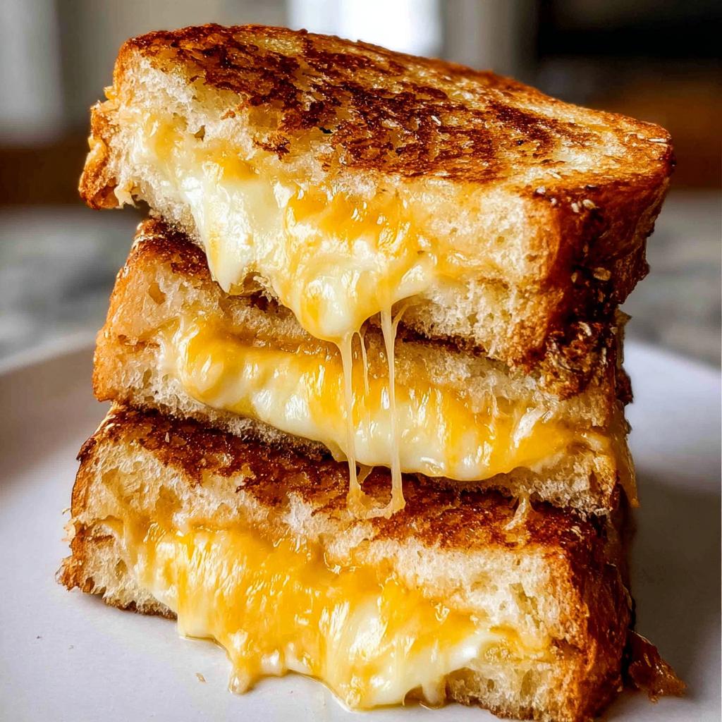 A stack of three perfectly grilled cheese recipes, with melted cheese oozing out.