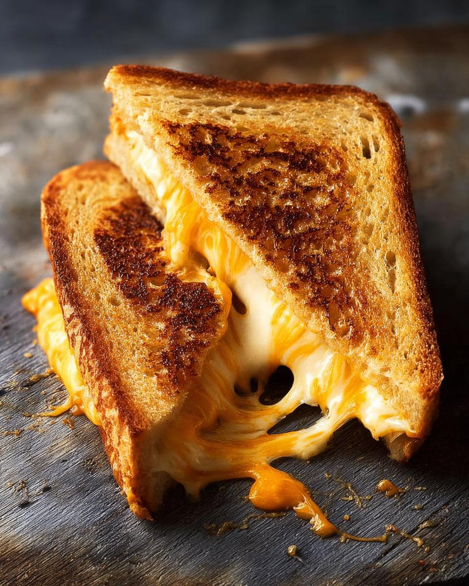 A close-up of a perfectly grilled cheese sandwich with melted, gooey cheese oozing out.