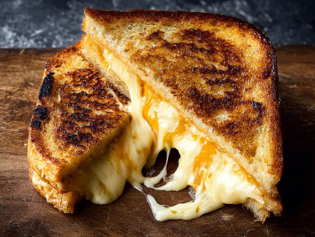 A close-up of a perfectly grilled cheese sandwich with melted cheese oozing out.