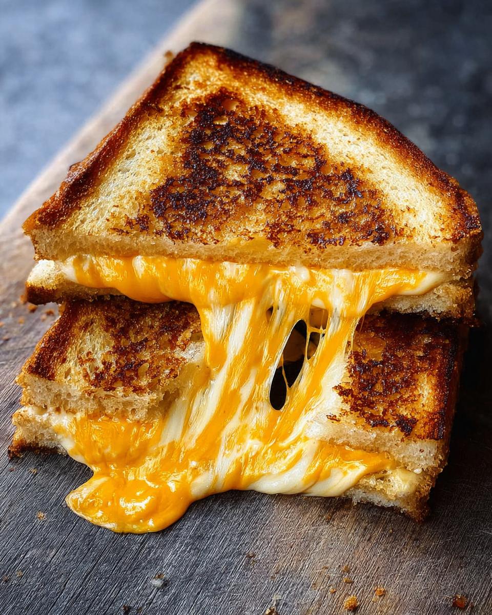 A perfectly grilled cheese sandwich with golden-brown bread and abundant melted cheese oozing out.