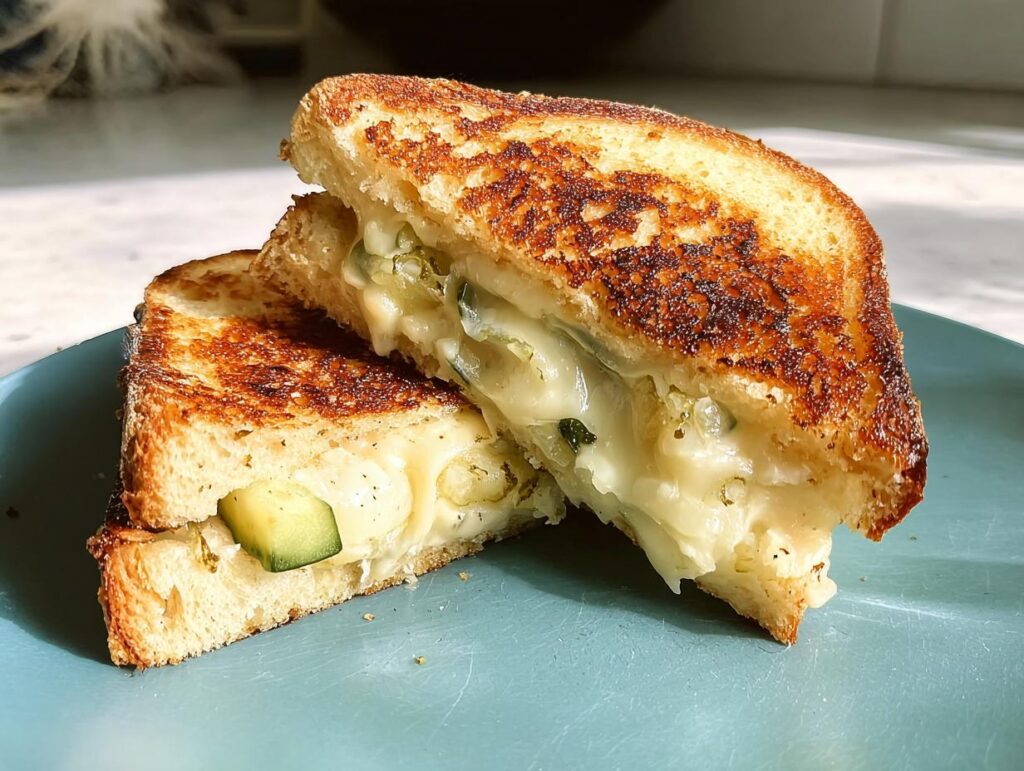A close-up of a perfectly grilled cheese sandwich, cut in half, showcasing melted cheese and pickle slices.