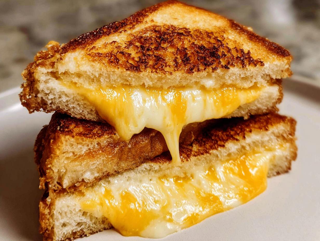 A close-up of two stacked grilled cheese sandwiches with gooey, melted cheese dripping out.