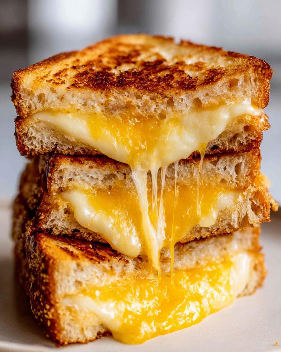 A stack of three gooey, golden-brown grilled cheese sandwiches with melted cheese dripping down.