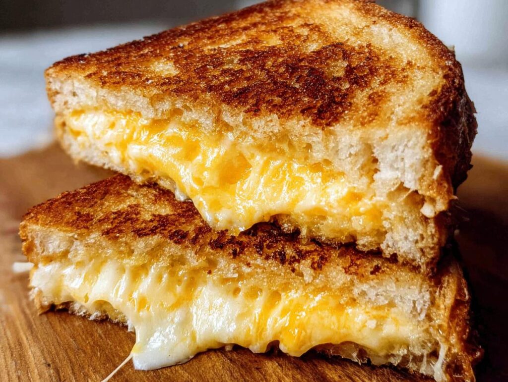 Close-up of a perfectly grilled cheese sandwich, oozing with melted cheese, cut in half.