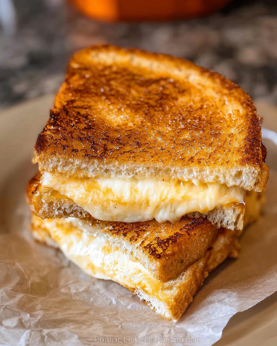 A close-up of a golden-brown, perfectly grilled cheese sandwich with melted cheese oozing out.