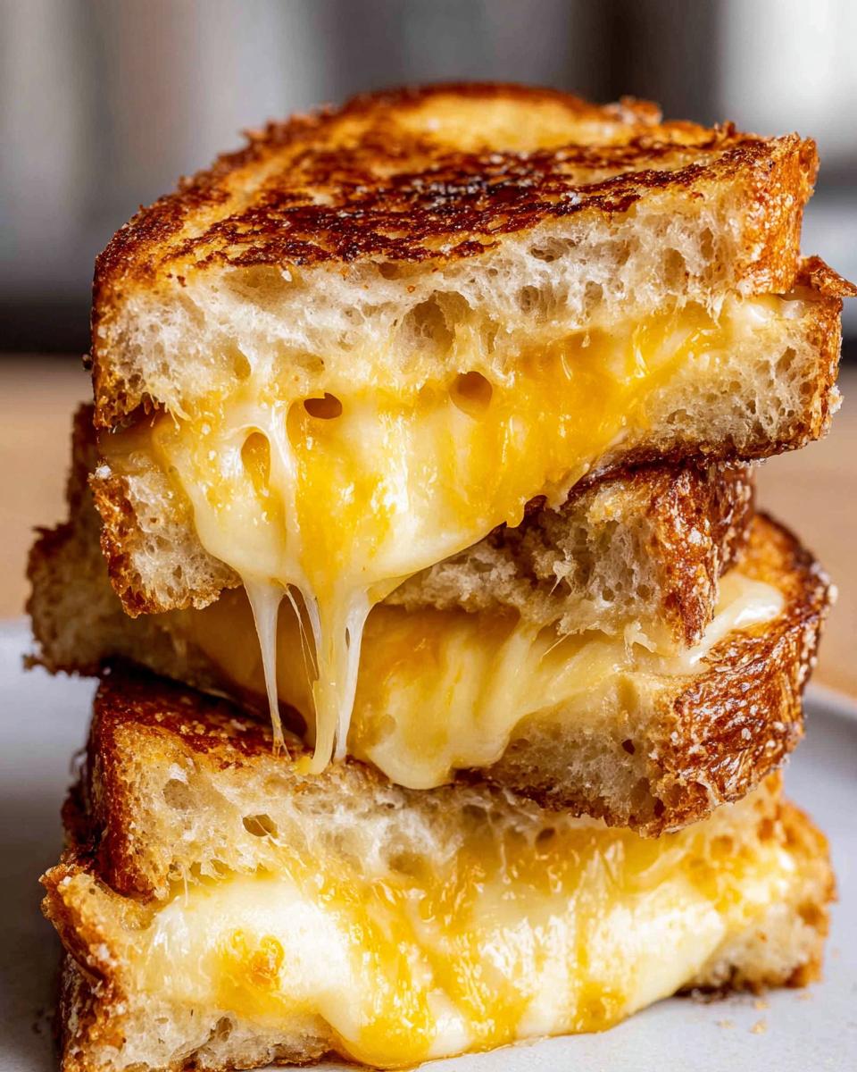 Stack of three perfectly grilled cheese sandwiches with melted cheese oozing out.