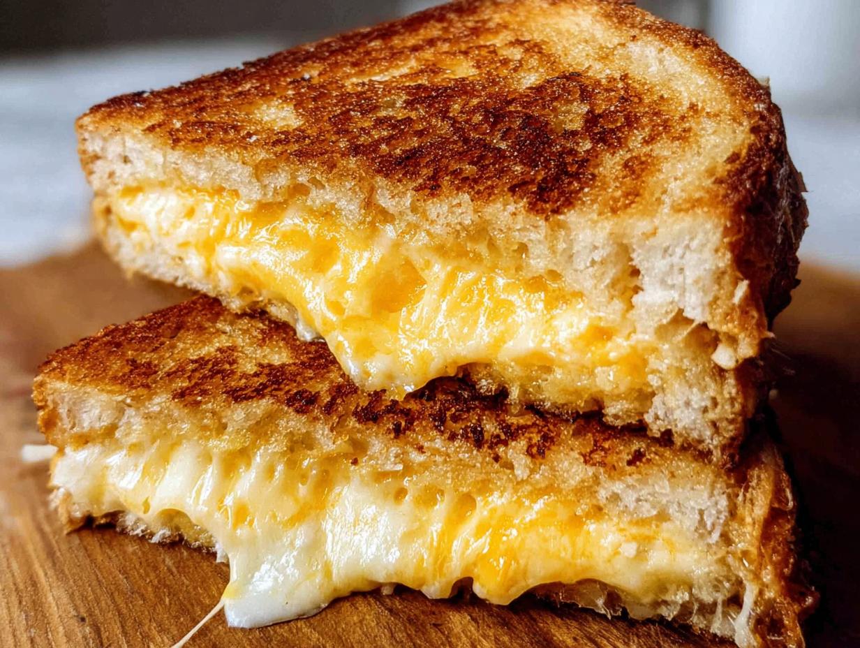 Close-up of a perfectly grilled cheese sandwich, oozing with melted cheese, cut in half.