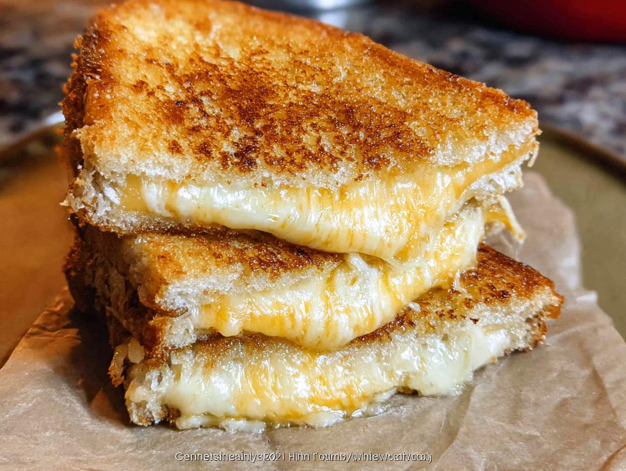 Close-up of a stack of golden-brown grilled cheese sandwiches, oozing with melted cheese. Perfect for quick weeknight meals.