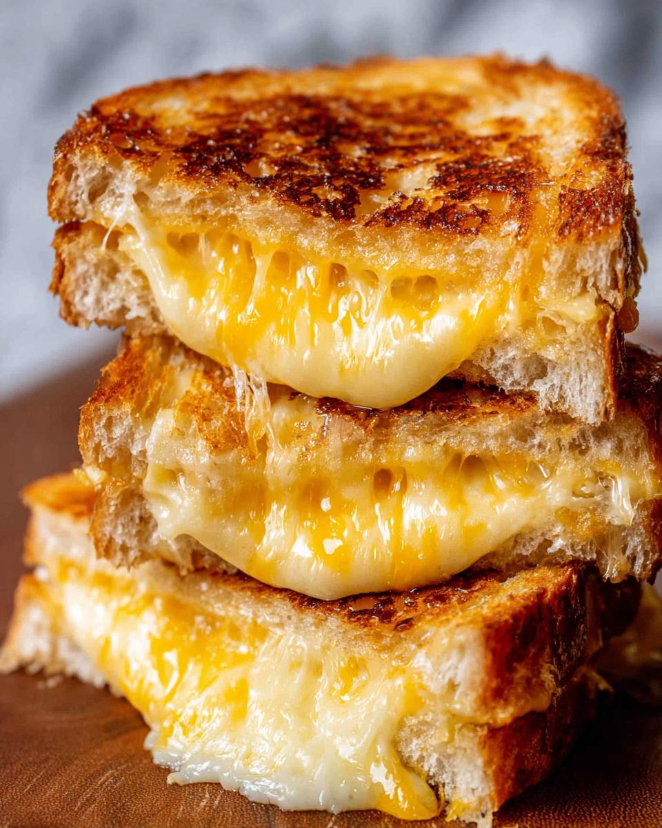 A stack of three perfectly grilled cheese sandwiches with gooey, melted cheese oozing out.