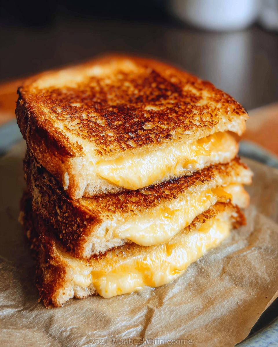A stack of three perfectly golden brown grilled cheese sandwiches with gooey melted cheese oozing out.