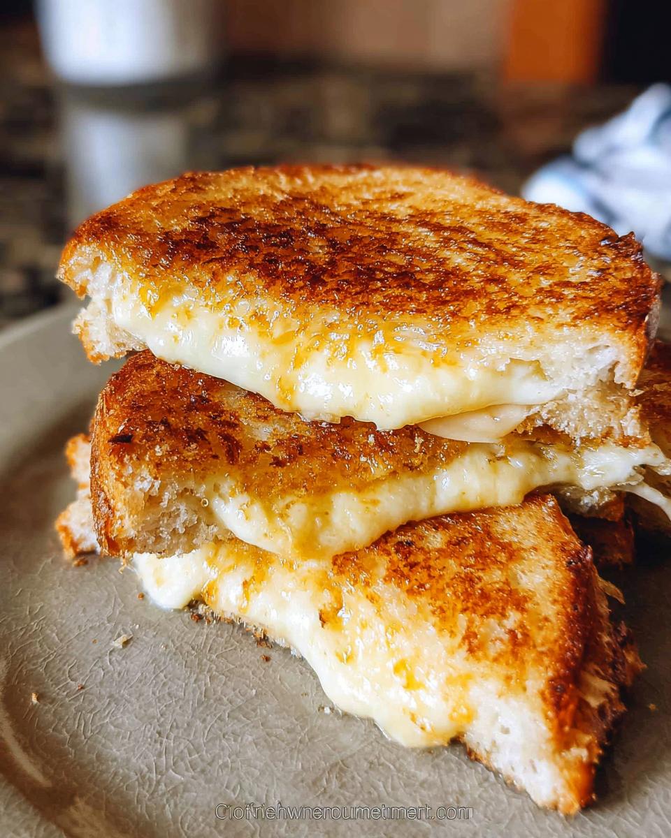 A close-up of a stack of three perfectly grilled cheese sandwiches, oozing with melted cheese.