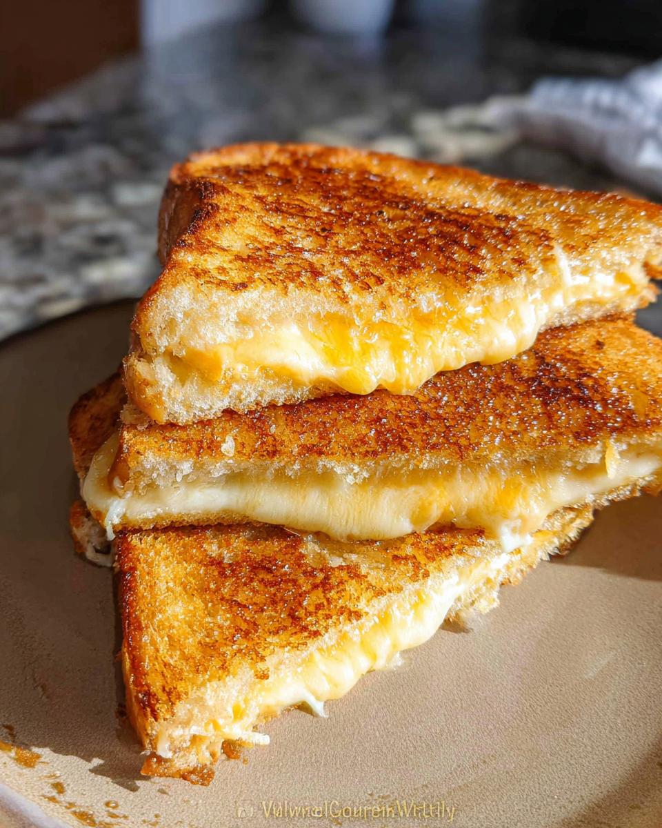 Stack of three perfectly golden-brown grilled cheese sandwiches with gooey melted cheese oozing out.