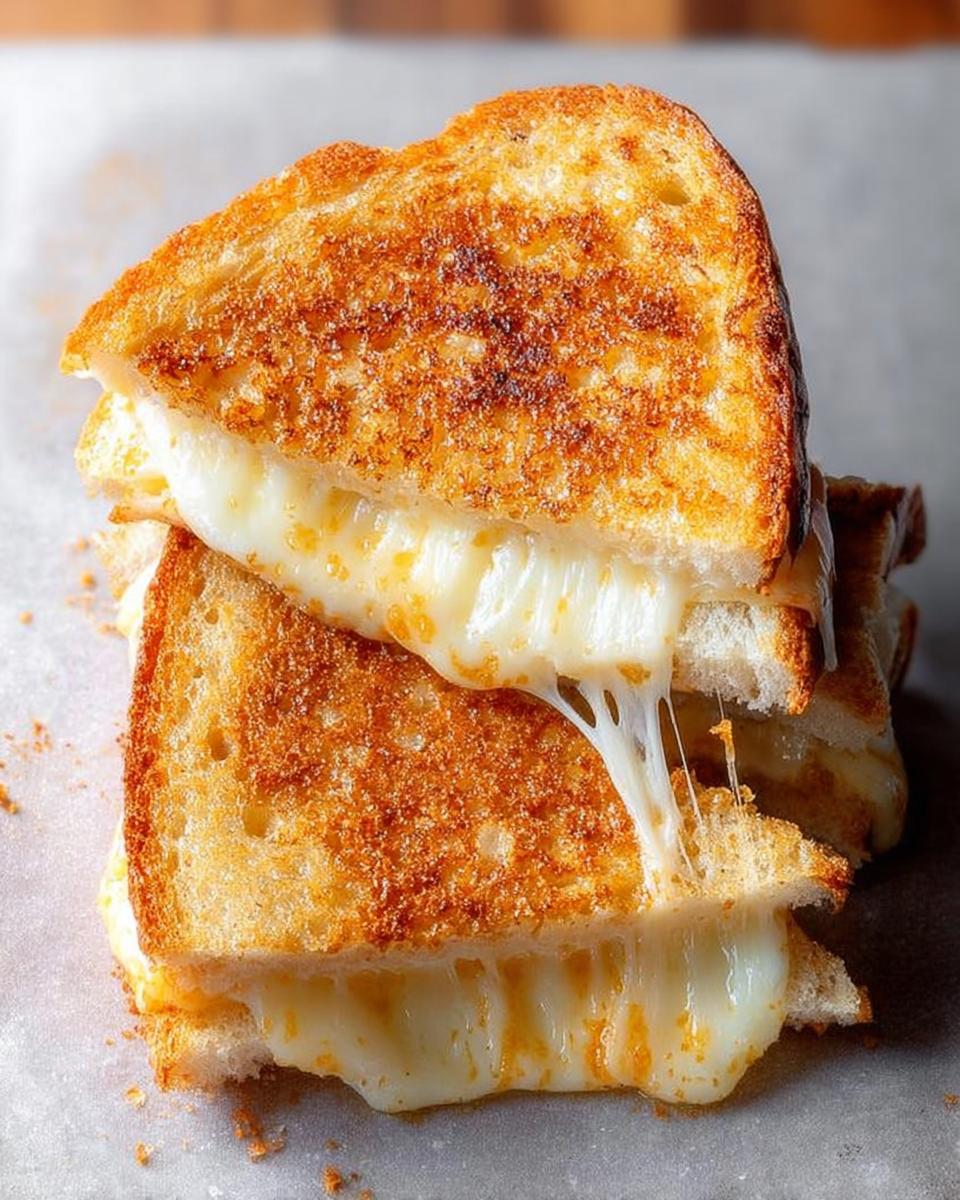 Close-up of stacked grilled cheese sandwiches with gooey, melted cheese oozing out.