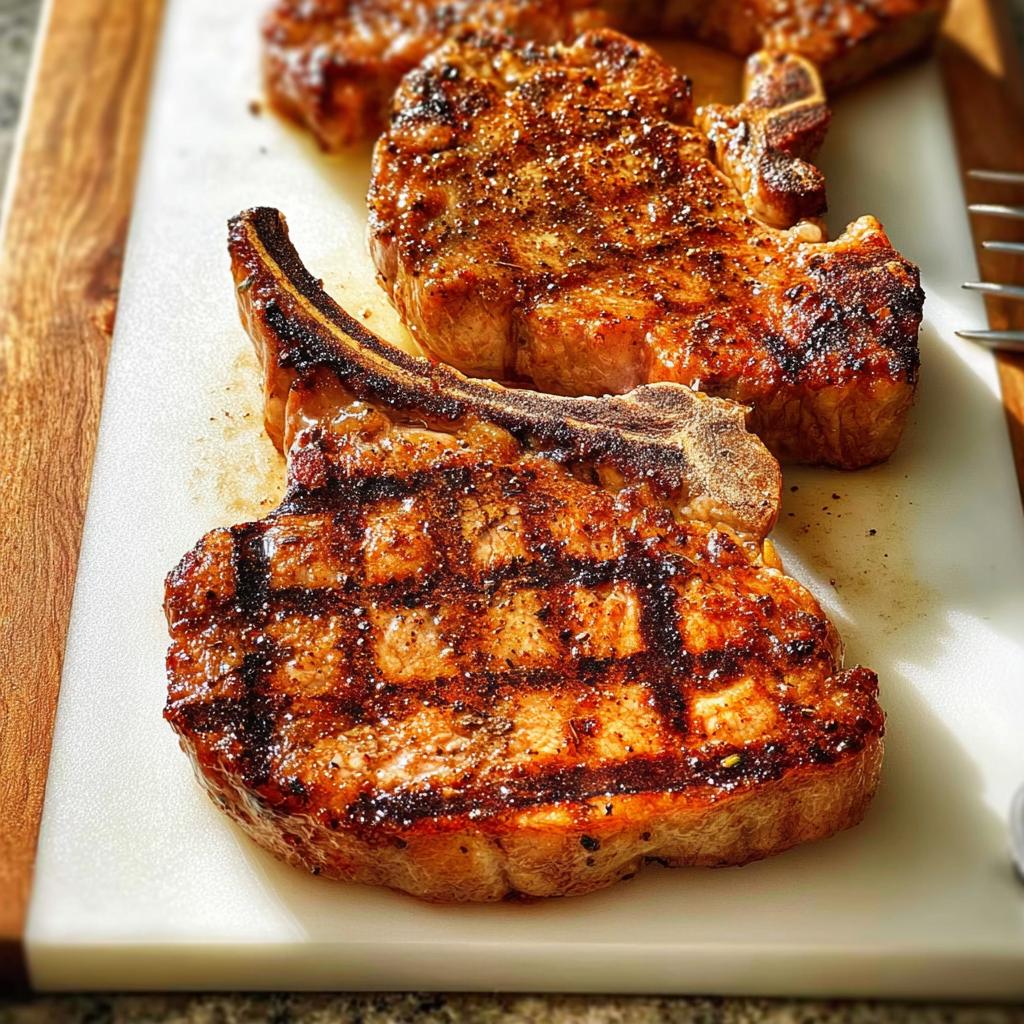 Close-up of perfectly grilled pork chops with crosshatch grill marks, seasoned and ready to serve.