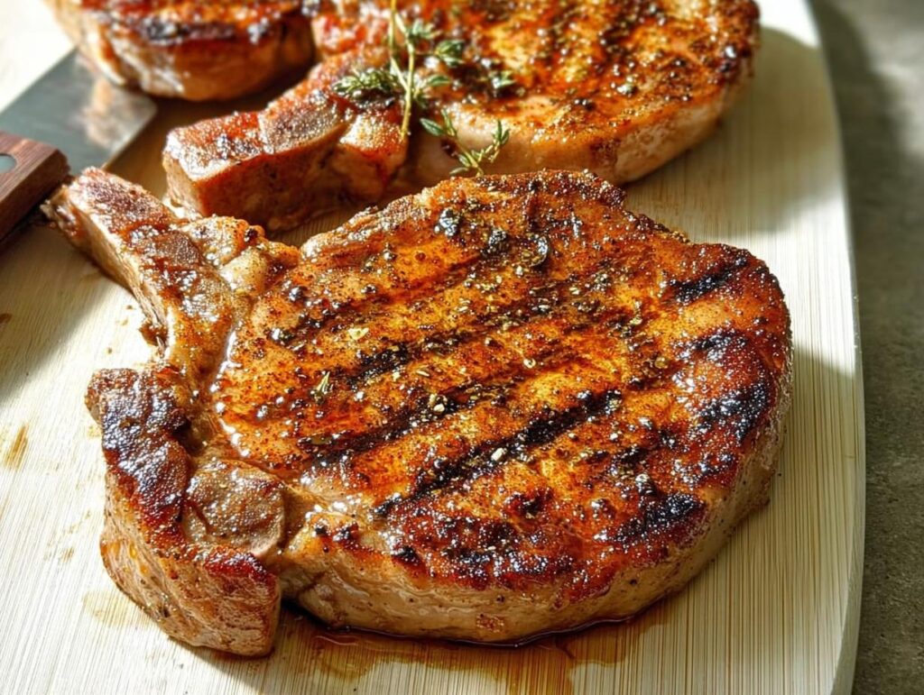 Close-up of perfectly grilled pork chops with grill marks and seasoned with herbs.