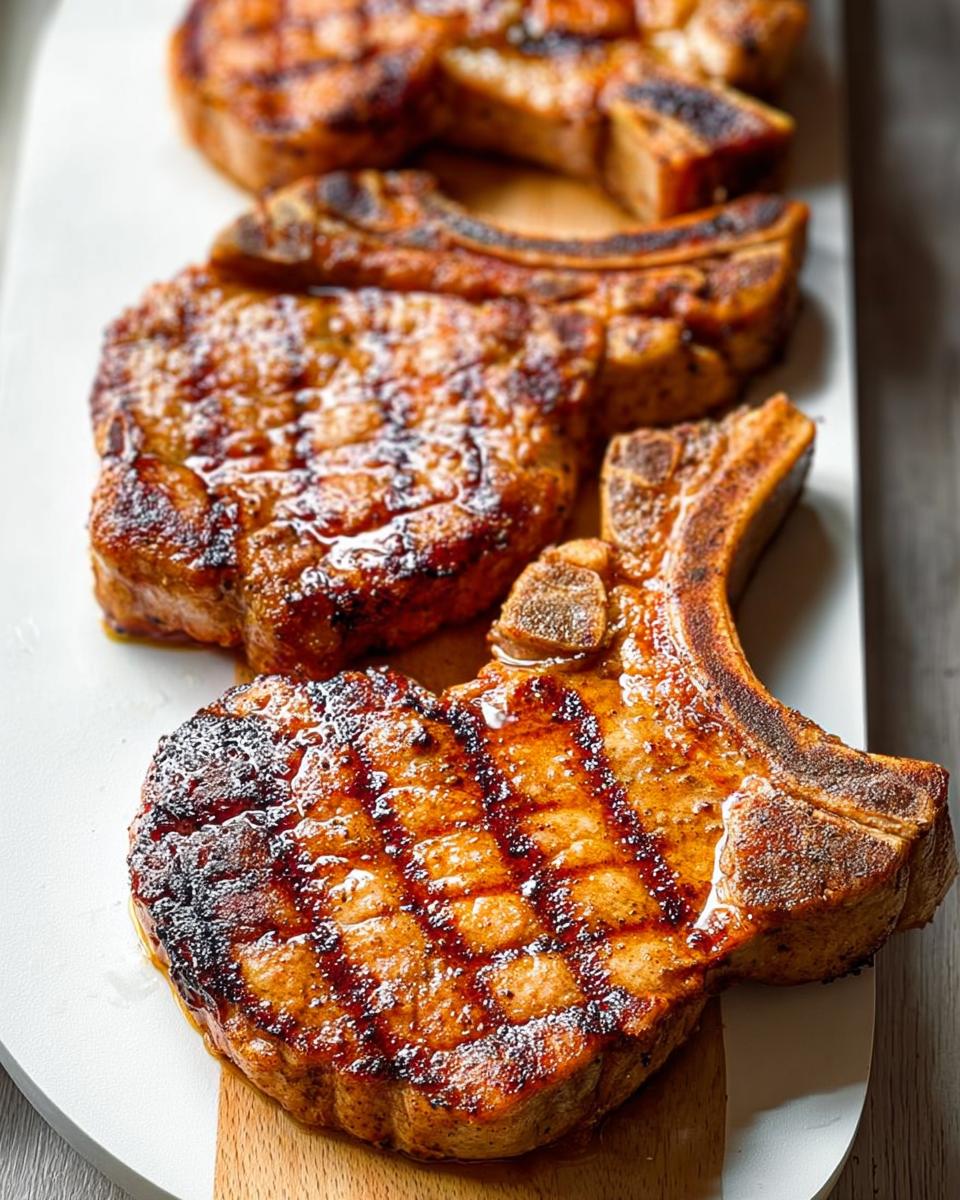Close-up of perfectly grilled pork chops with grill marks, juicy and ready to serve.
