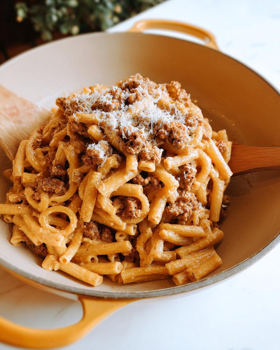 A hearty bowl of ground beef pasta, a quick and easy pasta recipe for busy weeknights.