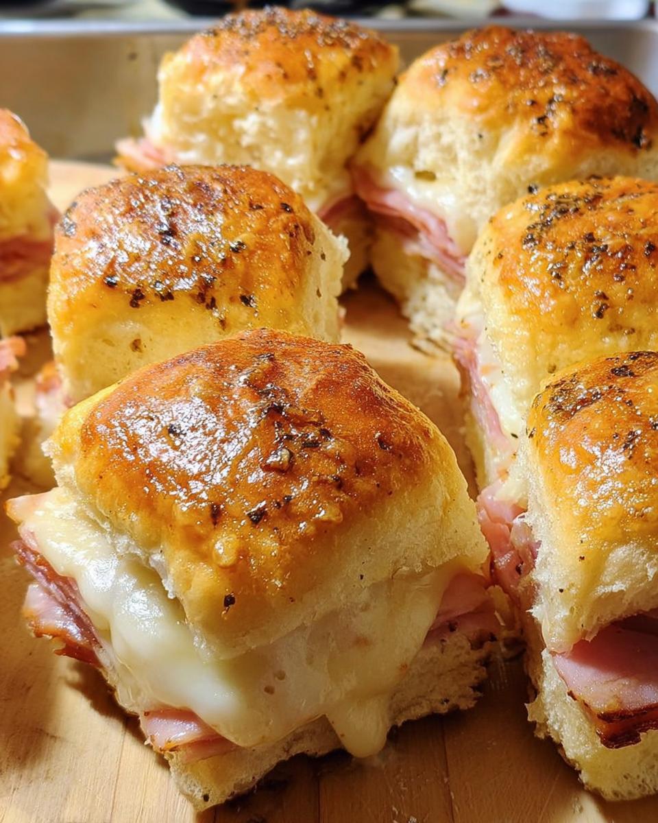Close-up of golden-brown ham and cheese sliders, a perfect example of 12 Genius Sandwich Ideas for busy weeknights.