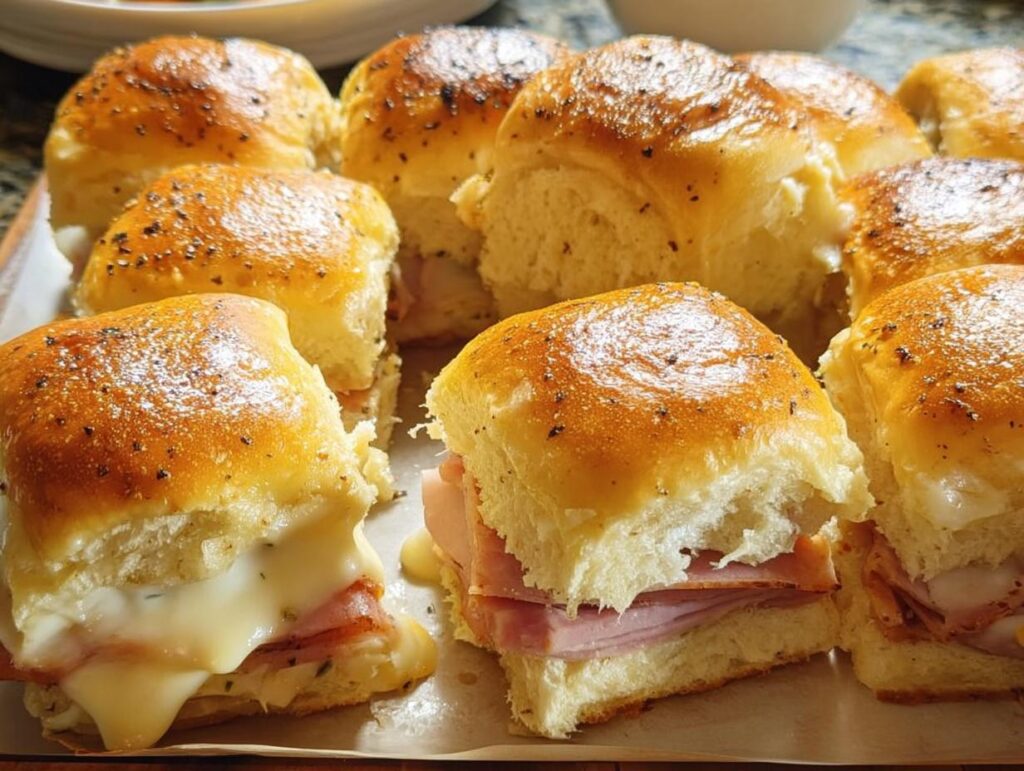 Close-up of delicious ham and cheese sliders with melted cheese, perfect for busy weeknights.