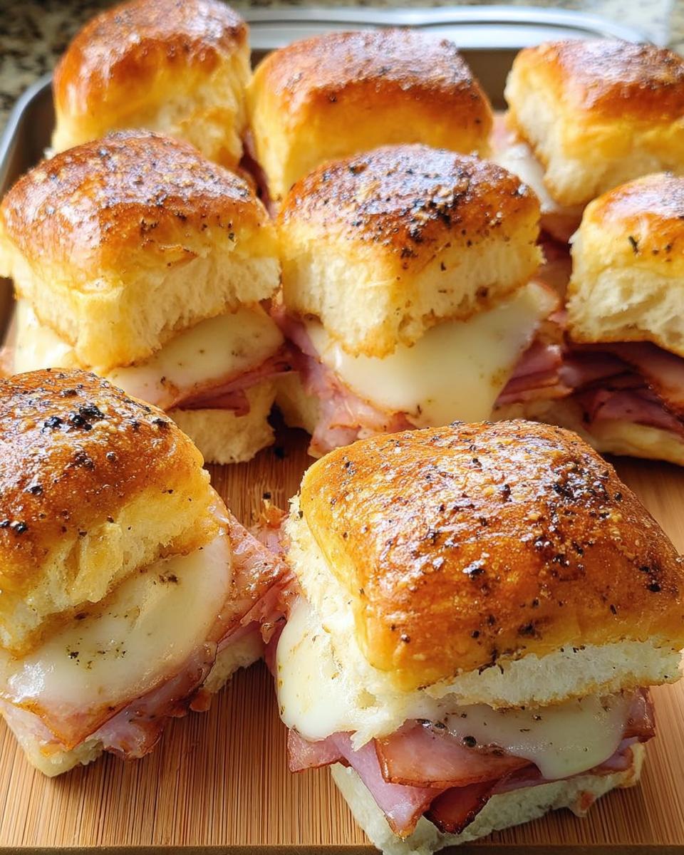 Close-up of delicious ham and cheese sliders, part of 12 Genius Sandwich Ideas Recipes for Busy Weeknights.
