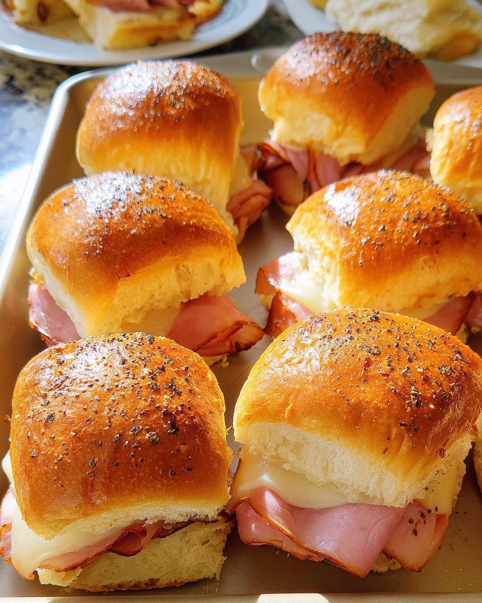 Close-up of ham and cheese sliders on a baking sheet, perfect for quick sandwich ideas.