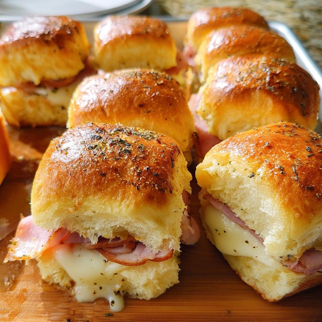 Close-up of delicious ham and cheese sliders, perfect for quick weeknight meals.