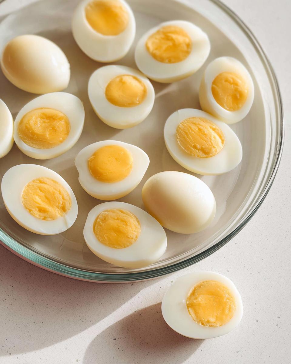A glass dish filled with hard-boiled eggs, some whole and some halved, showcasing their bright yellow yolks. Perfect for Healthy Meals Recipes Meal Prep.