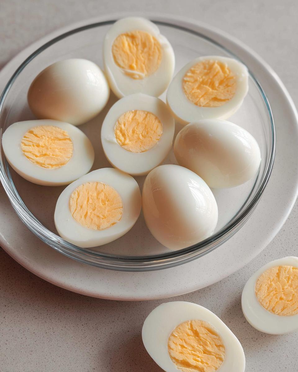 A bowl of hard-boiled eggs, some whole and some halved, showcasing their bright yellow yolks, perfect for healthy meals recipes meal prep.